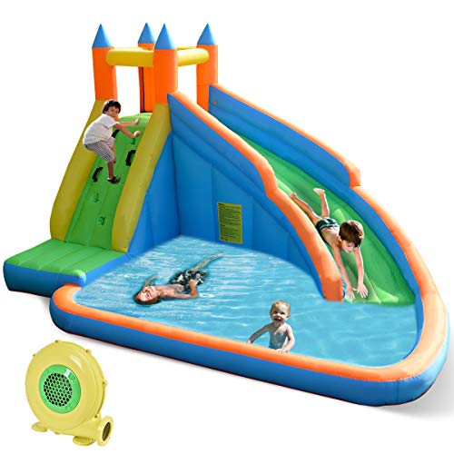 Costzon Inflatable Water Slide, Giant Bouncy Waterslide Park for Kids Backyard Outdoor Fun with 735w Blower, Climbing Wall, Splash Pool, Blow up Water Slides Inflatables for Kids and Adults Party Gift